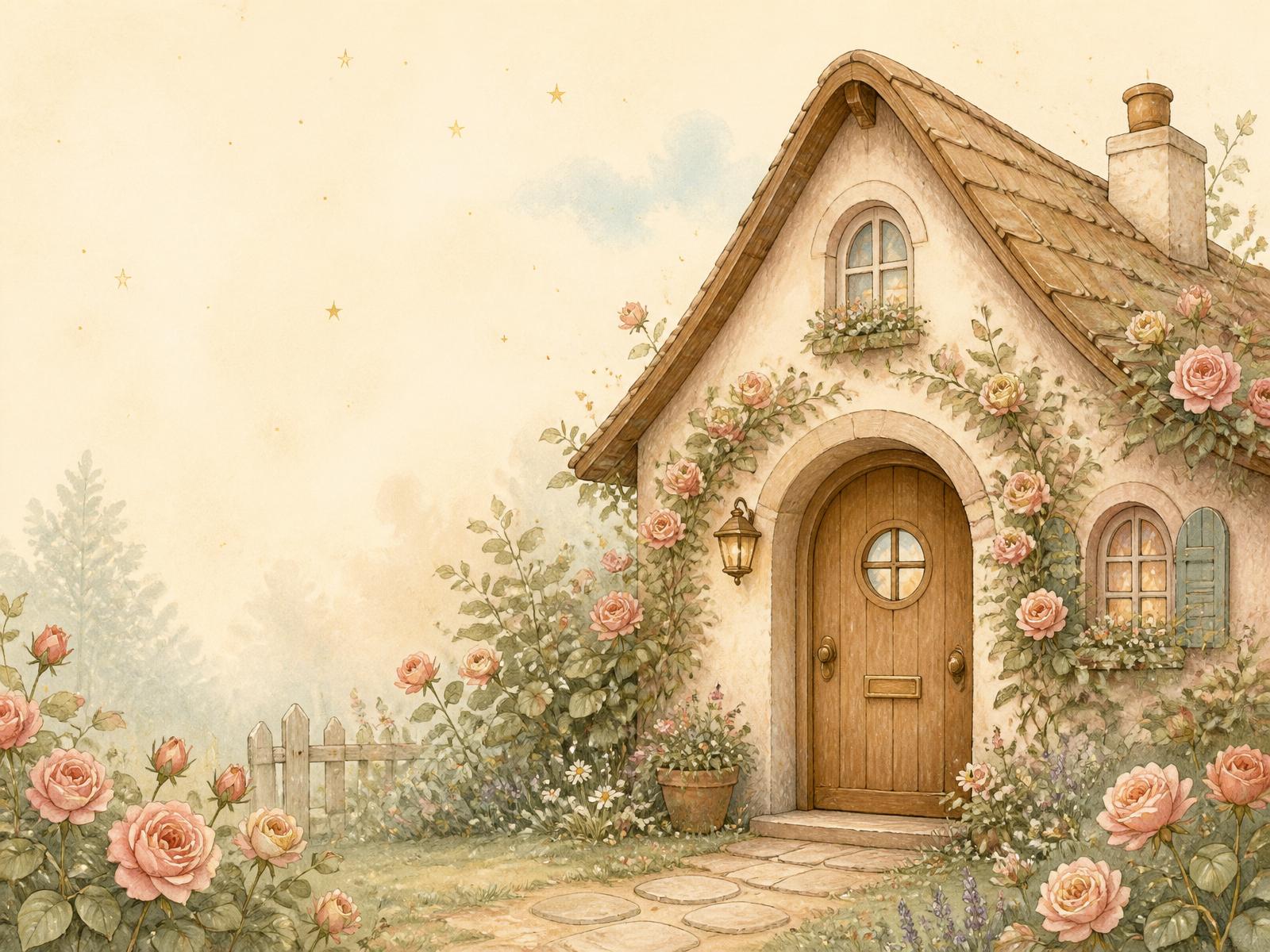 Teddy's House — a hand illustrated storybook cottage with roses